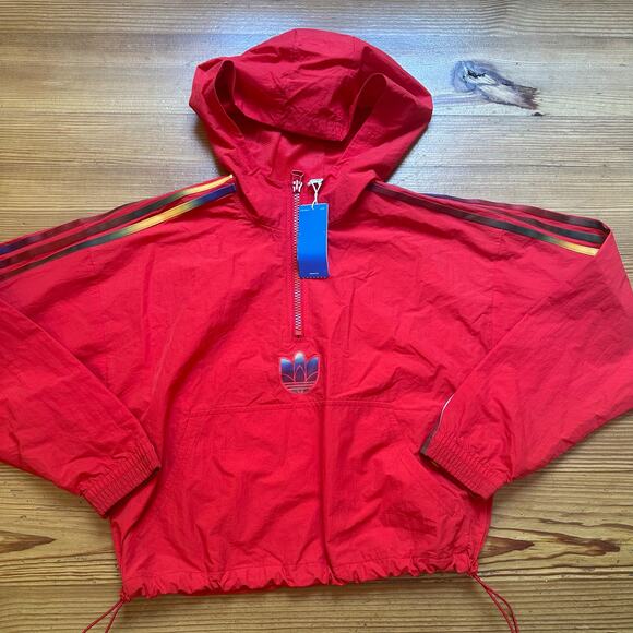 NWT Adidas red cropped hooded quarter zip wind breaker jacket SIZE M - Picture 1 of 5